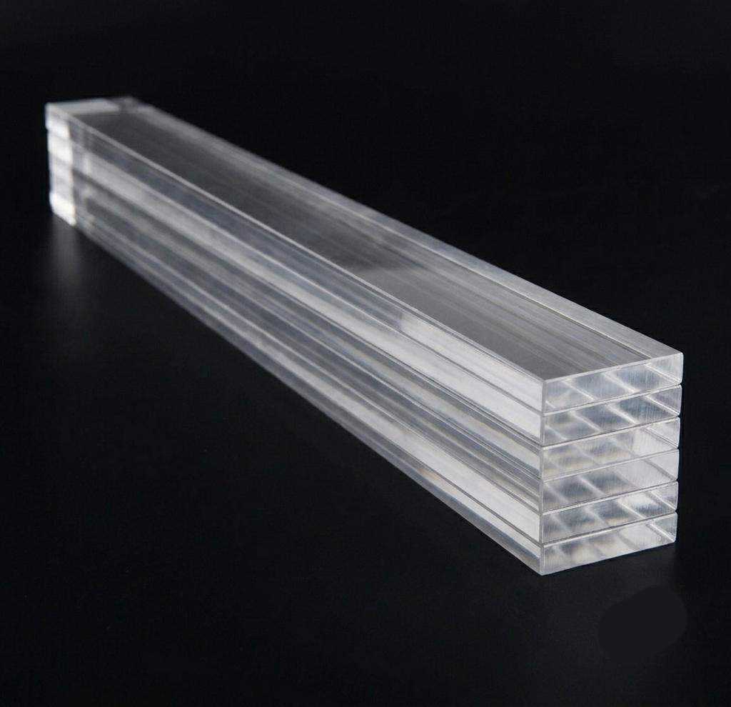 A stack of clear acrylic Perspex rectangular strips shown diagonally on a solid black background.