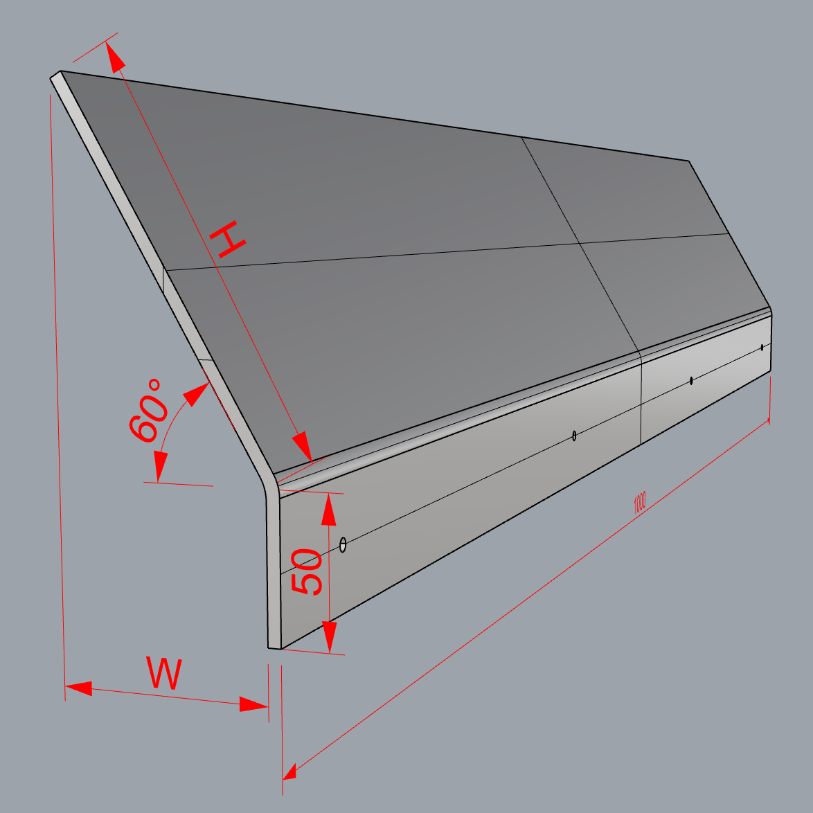 A 3D dimensional diagram of a L-shaped panel with red dimension lines and labels showing height (H), width (W), and a 60-degree angle, on a solid gray background.