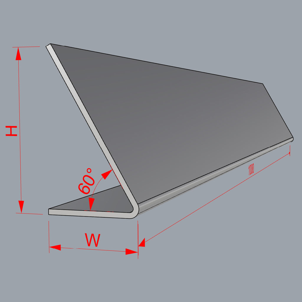 A 3D rendering of an L-shaped plastic profile, shown with red dimension lines and labels indicating height (H), width (W), and a 60-degree angle on a plain gray background.