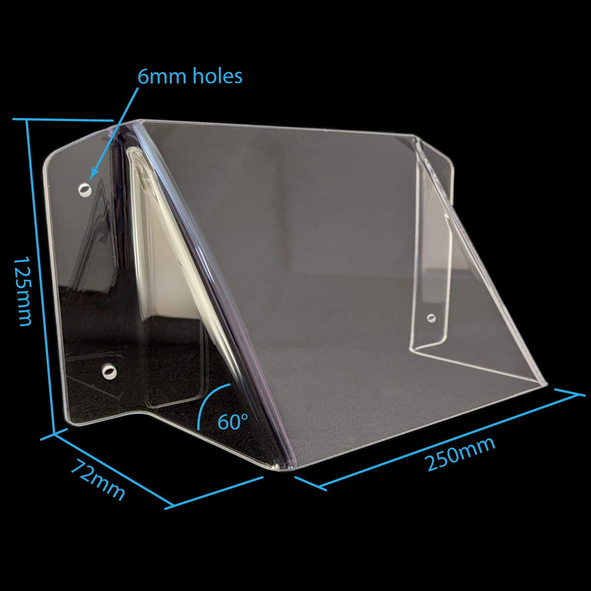 Clear acrylic NBN Box cover with dimension annotations showing 125mm height, 72mm base width, 250mm front width, 60-degree angle, and 6mm mounting holes, on a black background.
