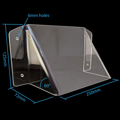 Clear acrylic NBN Box cover with dimension annotations showing 125mm height, 72mm base width, 250mm front width, 60-degree angle, and 6mm mounting holes, on a black background.