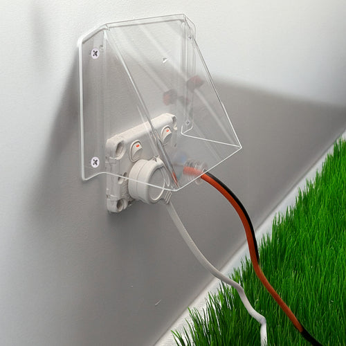 A clear plastic protective cover mounted over a white wall outlet, with a white cord and an orange-and-black wire visible, shown against a gray wall with green grass at the bottom right.