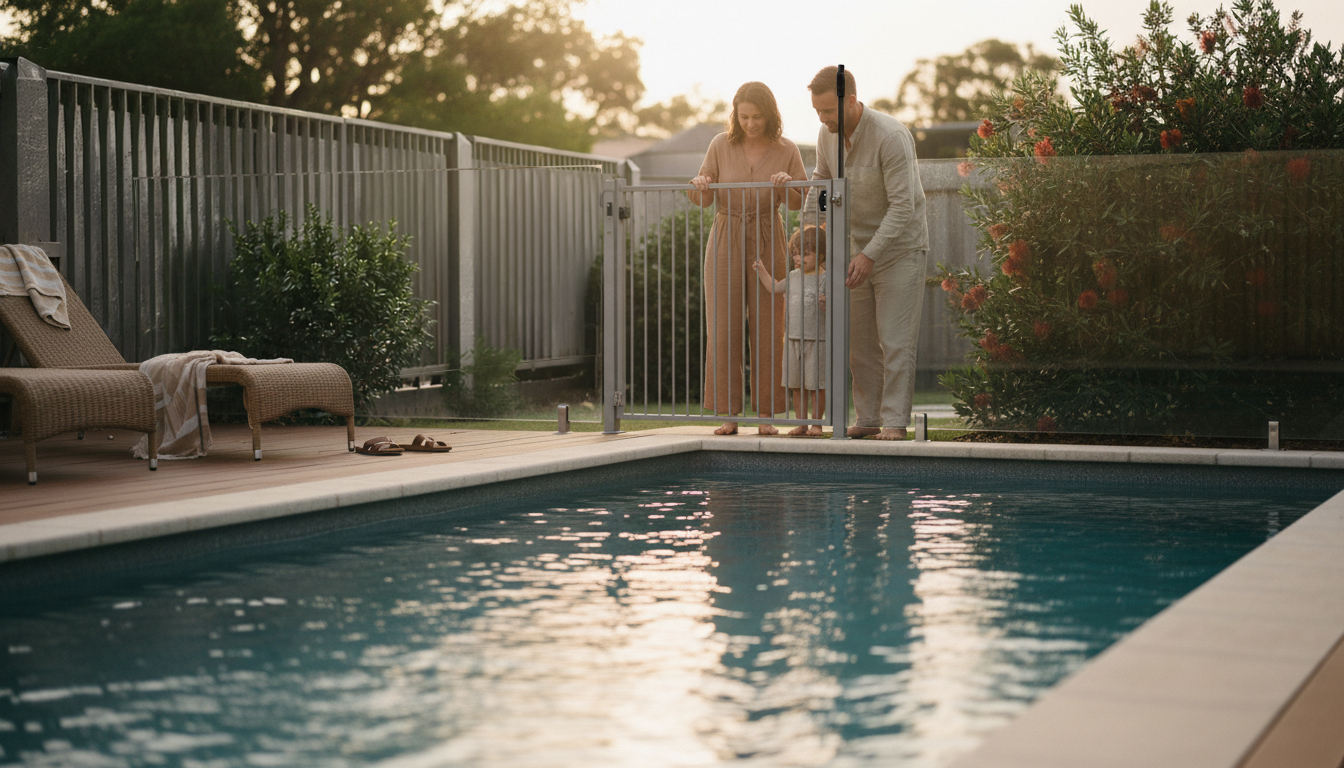 A family of three stands at a pool fence in a backyard at sunset. A woman in a pink dress, a man in a light gray suit, and a child in a white outfit are positioned behind a white safety gate.
