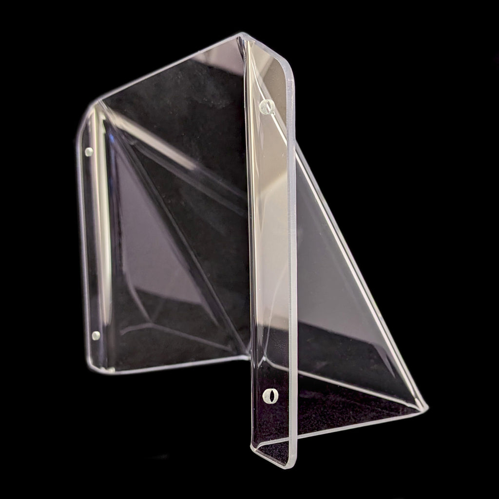 A clear acrylic power point cover shown standing open against a solid black background.