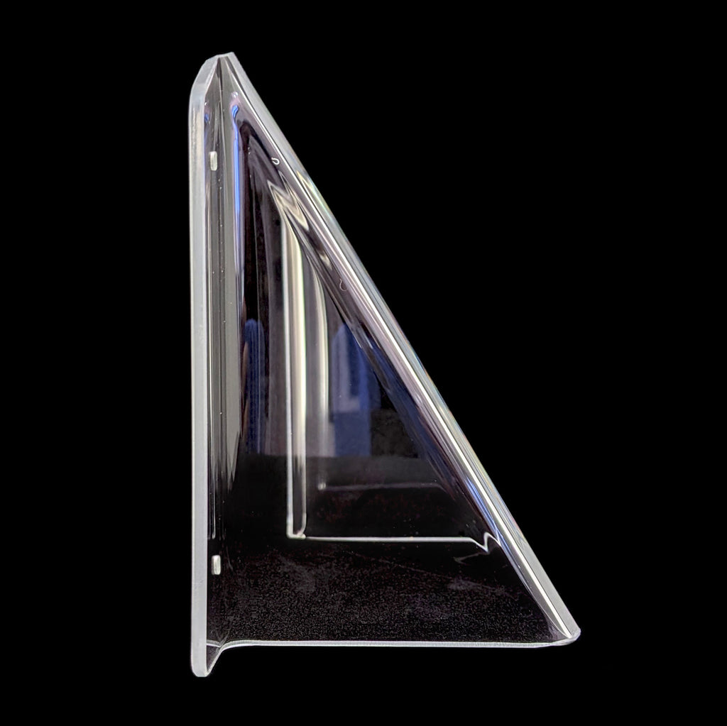 A clear acrylic pool power point cover shown from a side profile against a solid black background.