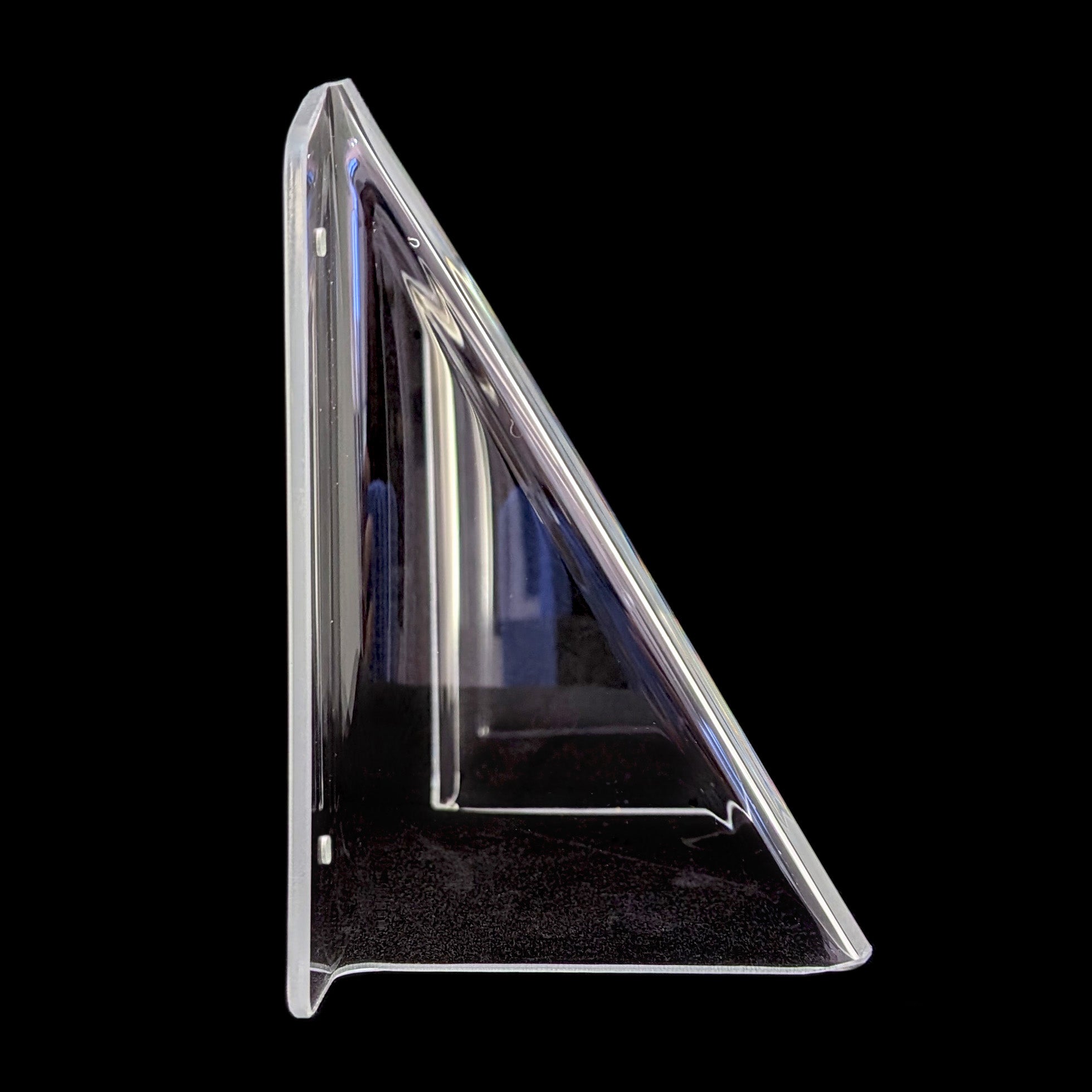 A clear acrylic pool power point cover shown from a side profile against a solid black background.