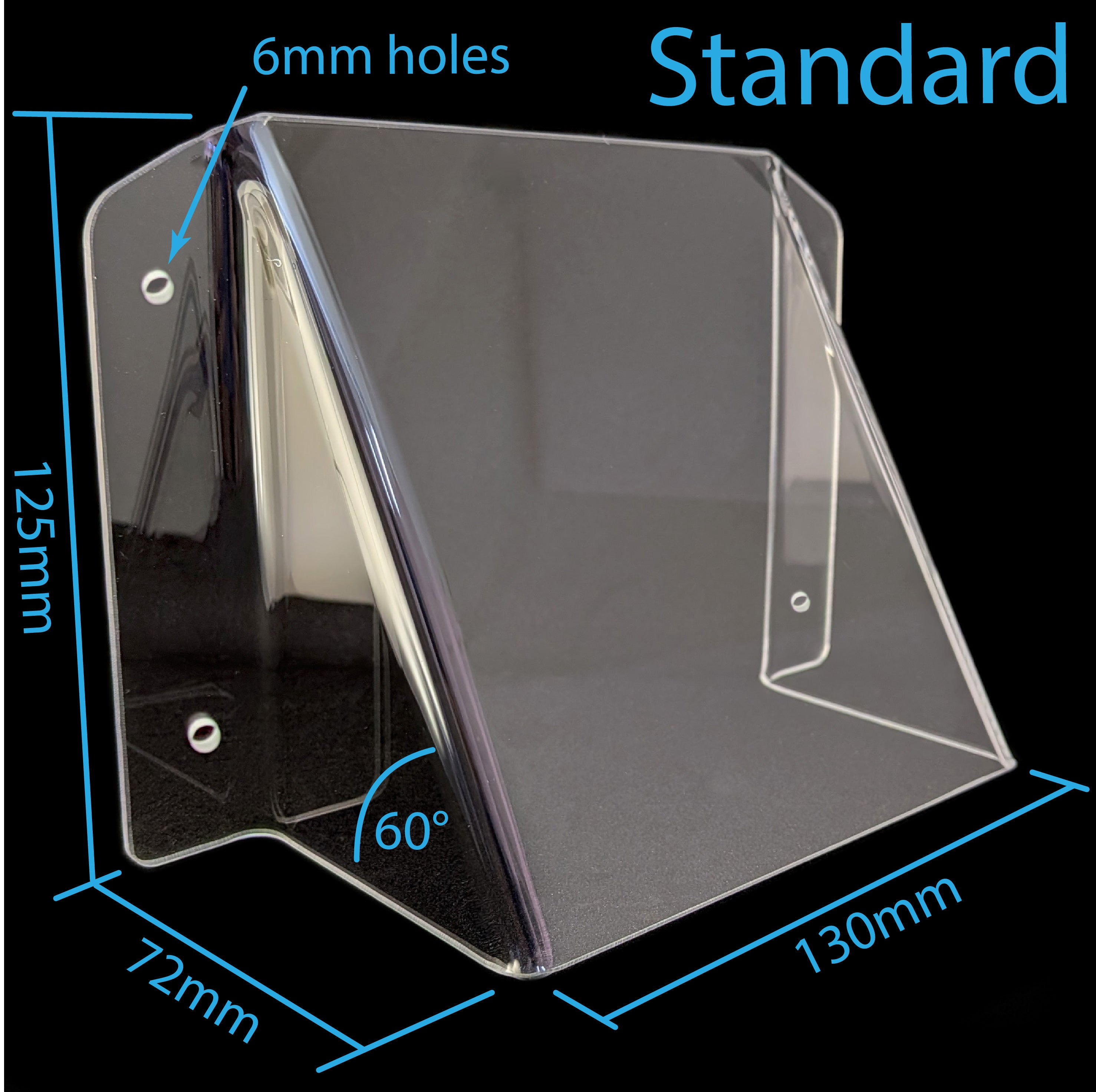 Clear acrylic pool power point cover shown on a black background with blue dimension lines and text indicating 125mm height, 72mm width, 130mm depth, 6mm holes, and Standard size.