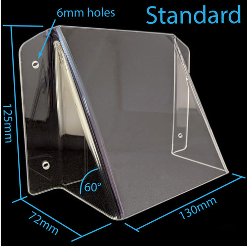 Clear acrylic pool power point cover shown on a black background with blue dimension lines and text indicating 125mm height, 72mm width, 130mm depth, 6mm holes, and Standard size.