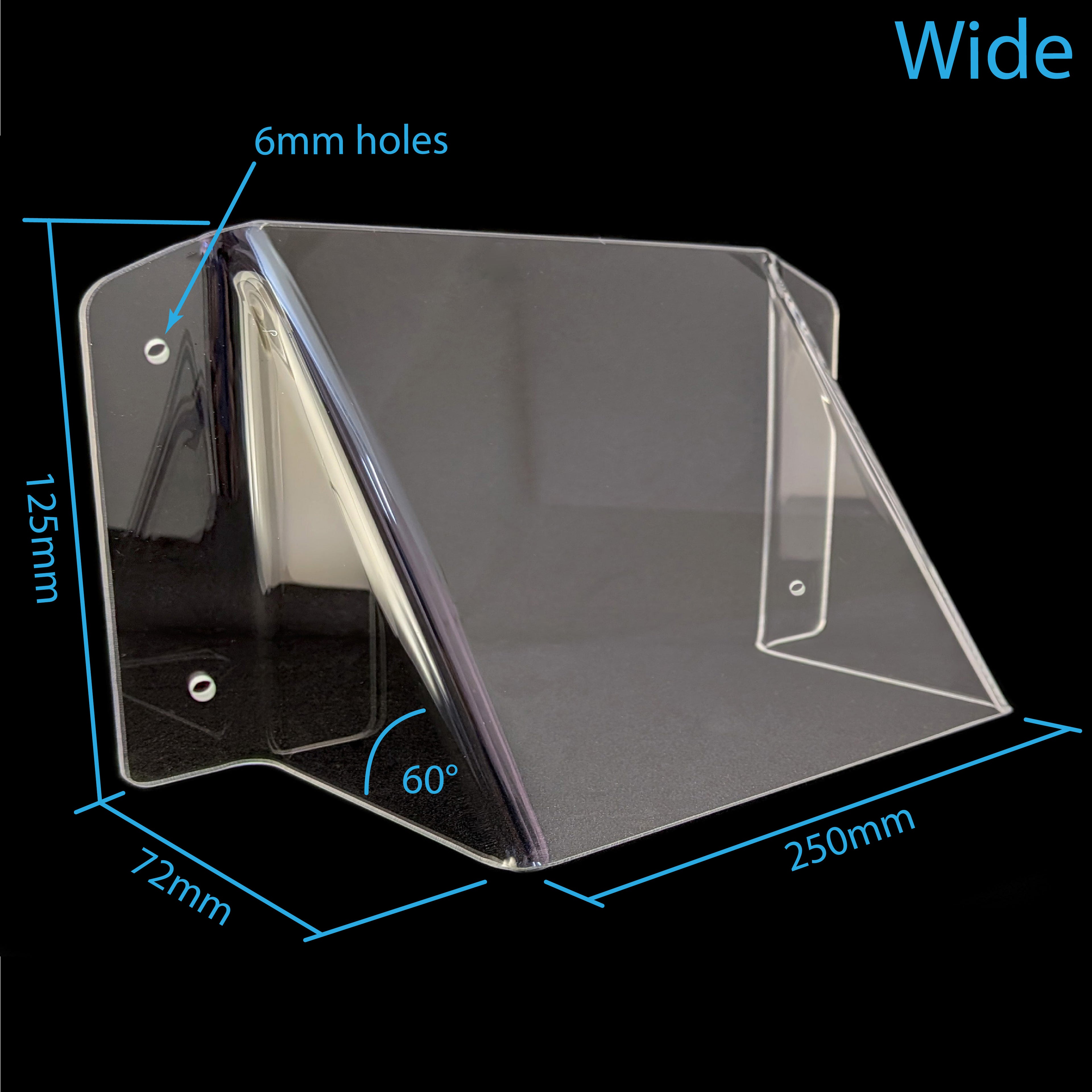 Clear acrylic wall-mounted pool power point cover with dimension annotations showing 125mm height, 72mm base width, 250mm front width, 60-degree angle, and 6mm mounting holes, on a black background.