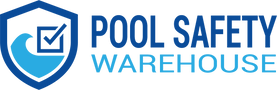 A digital logo for 'Pool Safety Warehouse' featuring a blue shield icon with a checkmark and wave on the left, next to the text 'POOL SAFETY WAREHOUSE' in blue and light blue on a white background.