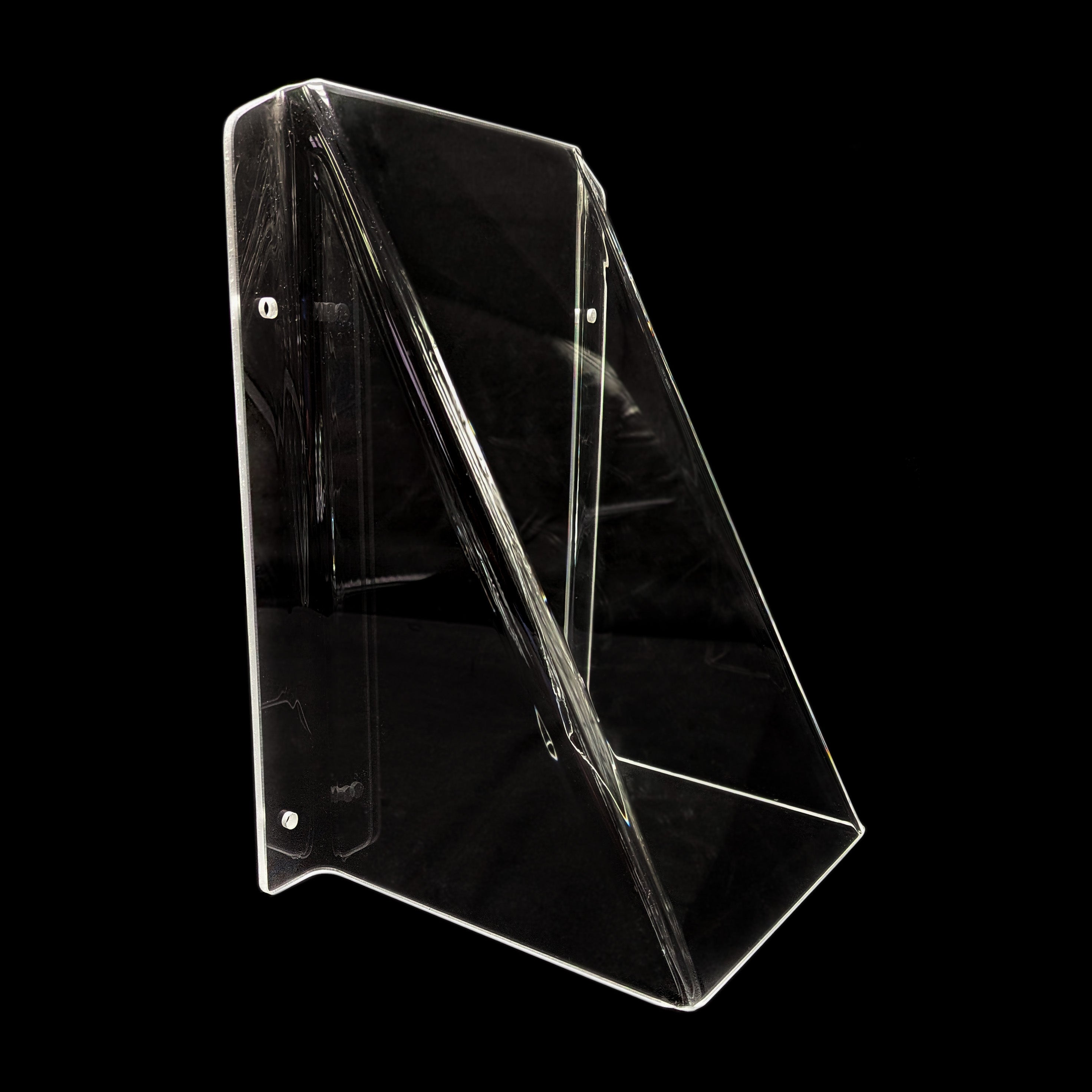 A clear acrylic pool tap cover shown from a three-quarters perspective against a solid black background.