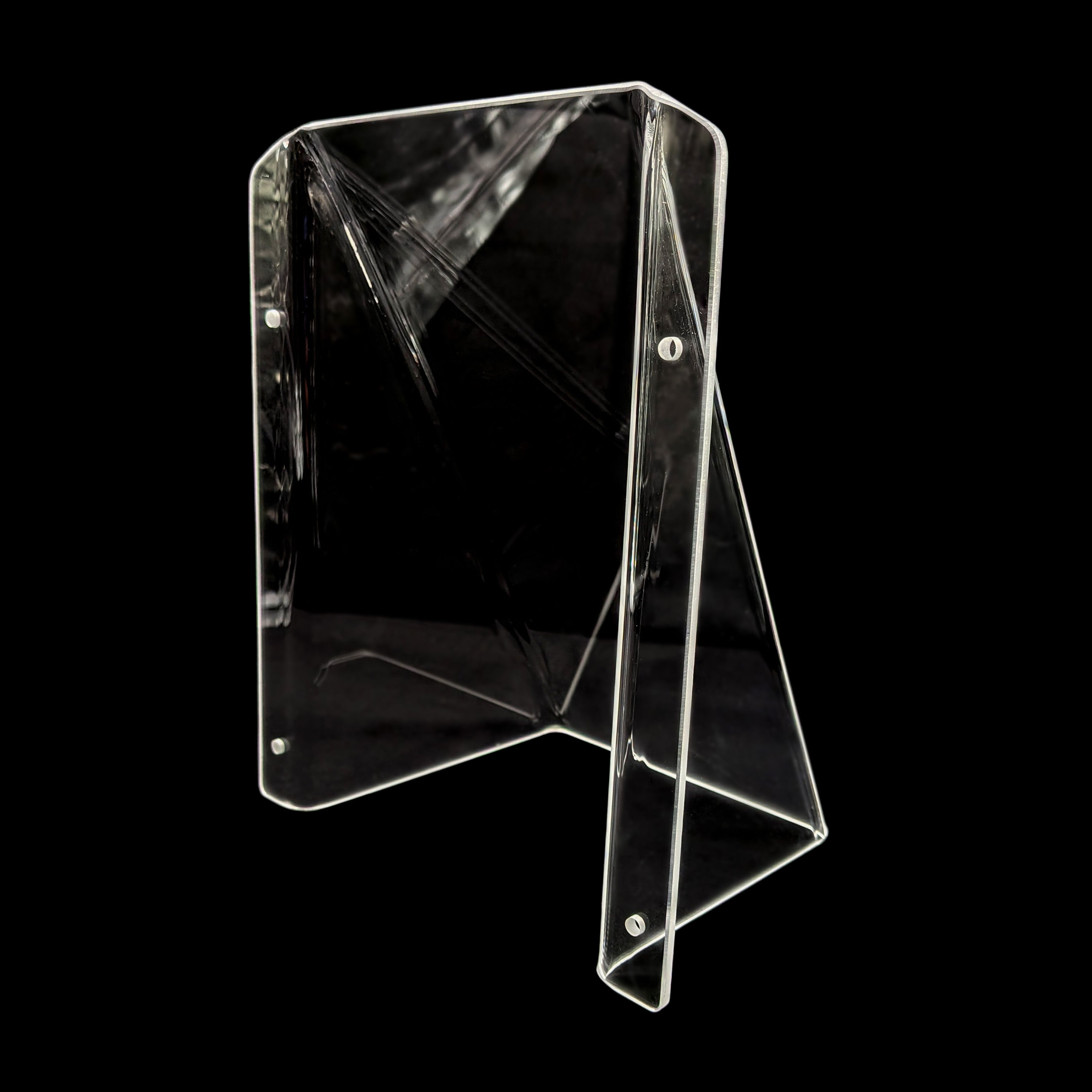 Clear acrylic pool tap cover with a triangular base and two vertical panels, shown on a solid black background.