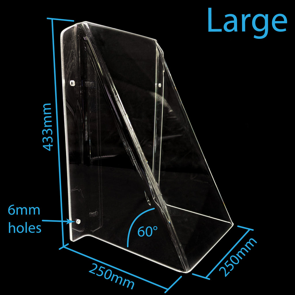 Large clear acrylic pool tap cover with dimension annotations showing 433mm height, 250mm width, 250mm base, and 6mm mounting holes on a black background.