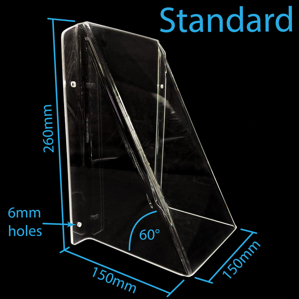 Clear acrylic pool tap cover with dimension annotations showing 260mm height, 150mm base width, 150mm depth, and 6mm mounting holes, labeled 'Standard' on a black background.