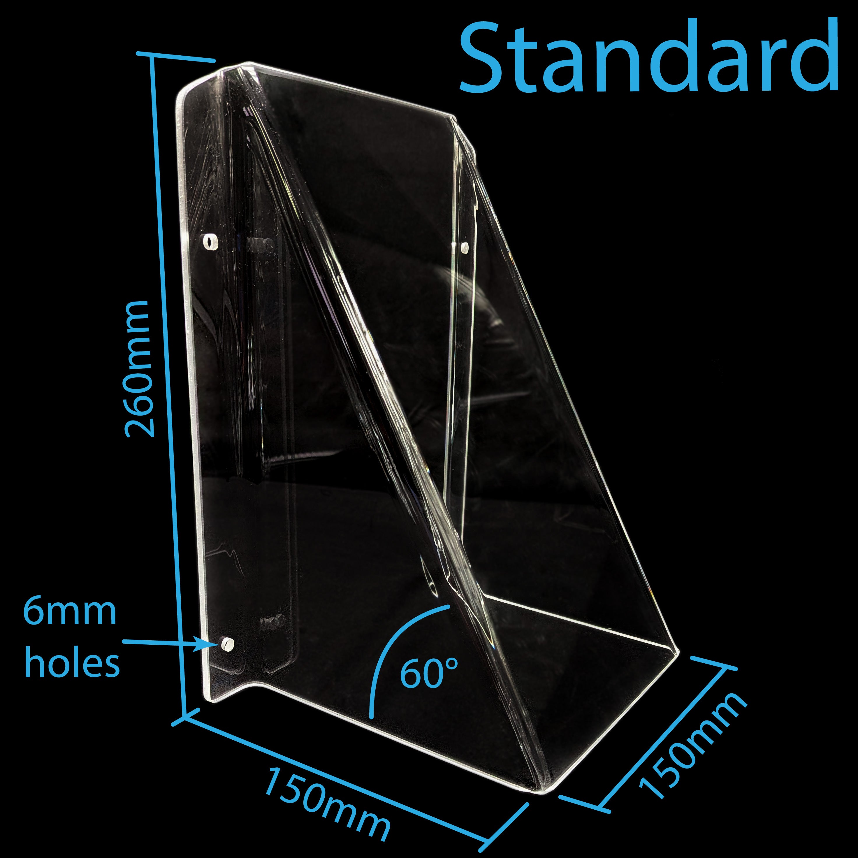 Clear acrylic pool tap cover with dimension annotations showing 260mm height, 150mm base width, 150mm depth, and 6mm mounting holes, labeled 'Standard' on a black background.