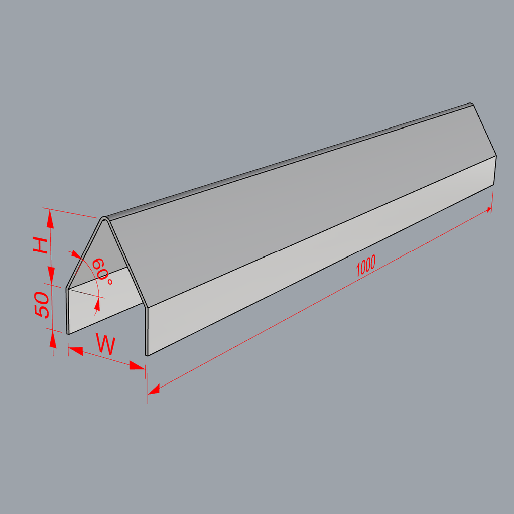A 3D isometric rendering of a teepee profile with red dimension lines and labels showing height H, width W, angle 60 degrees, and a length of 1000, on a solid gray background.