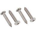 Four stainless steel screws with flat round heads arranged diagonally on a plain white background.