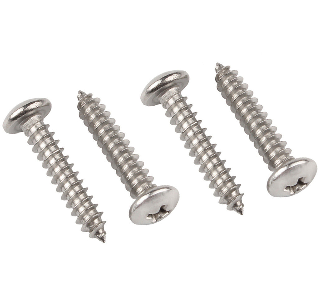 Four stainless steel screws with flat round heads arranged diagonally on a plain white background.