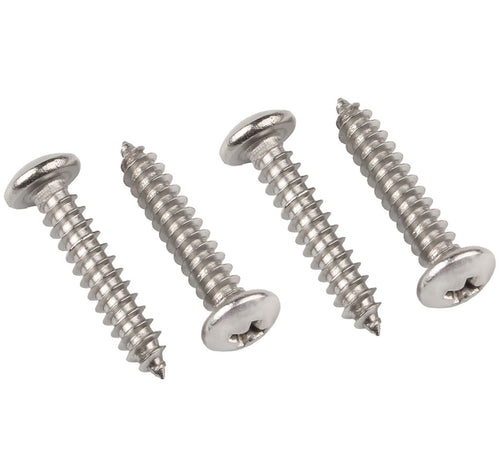 Four stainless steel screws with flat round heads arranged diagonally on a plain white background.